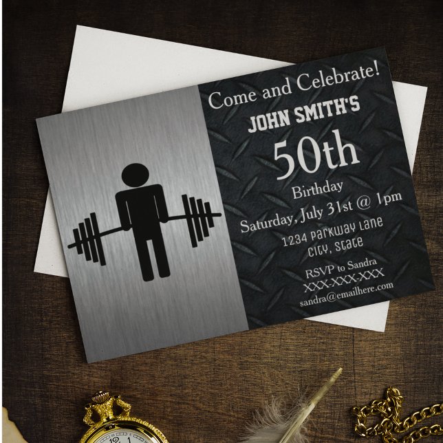 Tålig Vuxen Viktande födelsedagsinbjudningar Inbjudningar (Weightlifting Fitness Themed birthday invitations.)