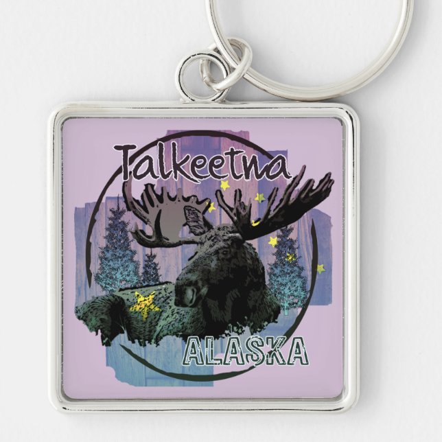 Talkeetna Alaska rustic moose keychain Fyrkantig Silverfärgad Nyckelring (Framsidan)