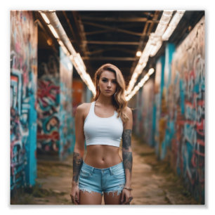 Tall Blonde Tattooed Girl in Denim Graffiti Tunnel Fototryck