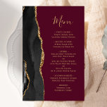 Tall Budget Black Guld Agate Burgundy Bröllop Menu<br><div class="desc">Den moderna bröllop-menyn på den lämnat kant i eleganten har en svart vattenfärgad agate gräns som trimmas med faux guld glitter. Anpassadet kombinerar handskriftsskript för guld-färgad och kopparplåt typsnitt på en burgundröd bakgrund. Den omvända sidan har en matchande svartvit och guld agate-design.</div>