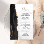 Tall Budget Black Guld Agate Marble Bröllop Menu<br><div class="desc">Den moderna bröllop-menyn på den lämnat kant i eleganten har en svart vattenfärgad agate gräns som trimmas med faux guld glitter. Anpassadet kombinerar handskriftsskript för guld-färgad med typsnitt för kopiering på grått- och vit marmorbakgrund. Den omvända sidan har en matchande svartvit och guld agate-design.</div>
