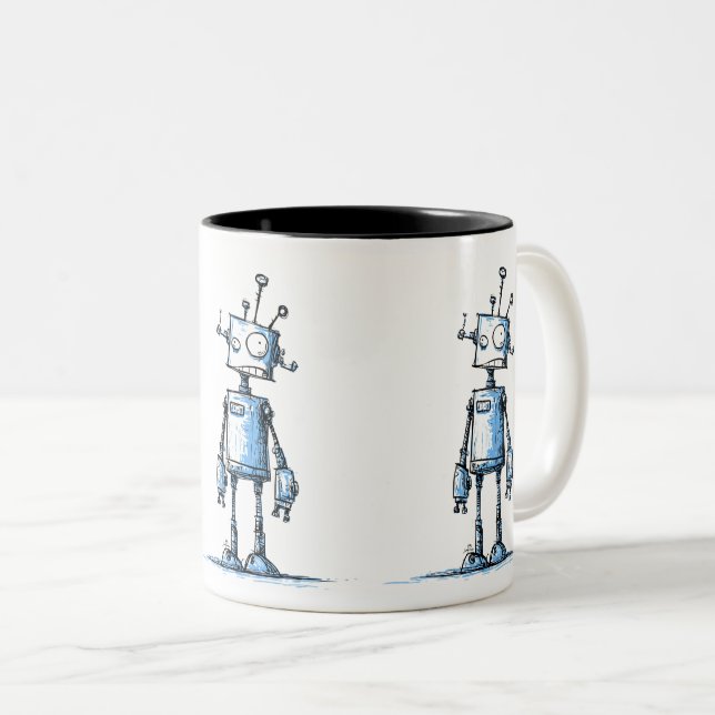 Tall Wacky Robot Mugg - Hand Drawn Blue Character (Framsida höger)