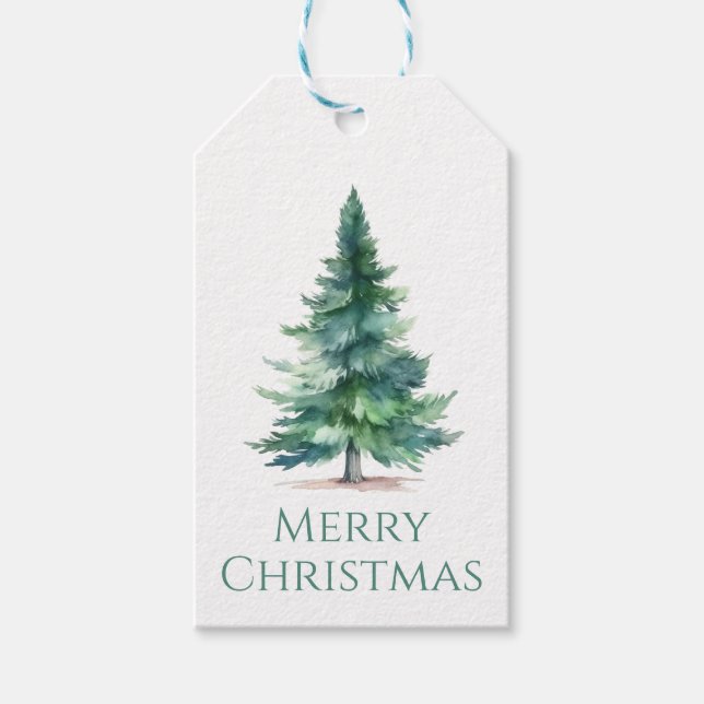 Tall Watercolor Evergreen Christmas Tree with Snow Presentetikett (Framsidan)