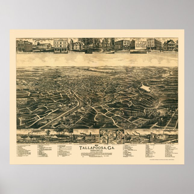 Tallapoosa, GA Panoramic Karta - 1892 Poster (Framsidan)
