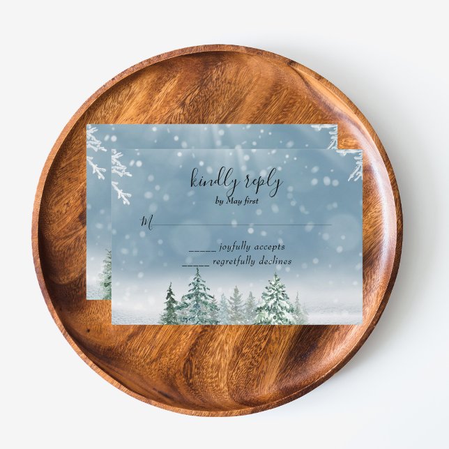 Tallar Lykta Botanisk RSVP OSA Kort (Winter Rustic Pine Trees Lantern Botanical Wedding Party Supplies)