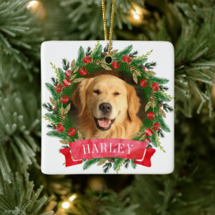 Tallarbetad hundfoto julgransprydnad keramik