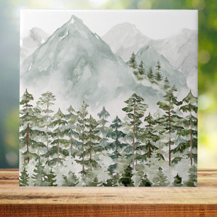 Tallarskog och berg Vattenfärg Kakelplatta