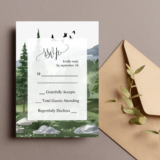 Tallarskog Vattenfärg Bröllop RSVP-kort Inbjudningar (Pine forest watercolor RSVP cards add serene charm while gathering guest responses.)