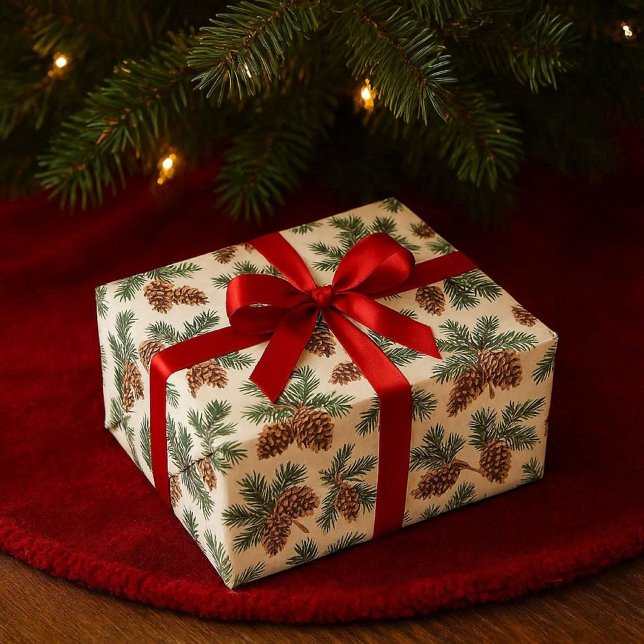 Tallbarrskog  presentpapper (A nature inspired wrapping paper. Evergreen and pinecone pattern on white. For Christmas and Winter )