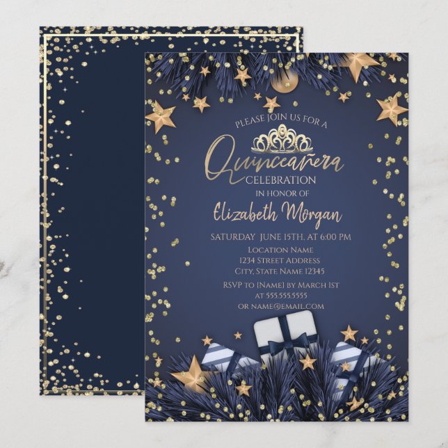 Tallgrensgrenar, diamanter Navy Blue Quinceañera Inbjudningar (Fram/baksida)