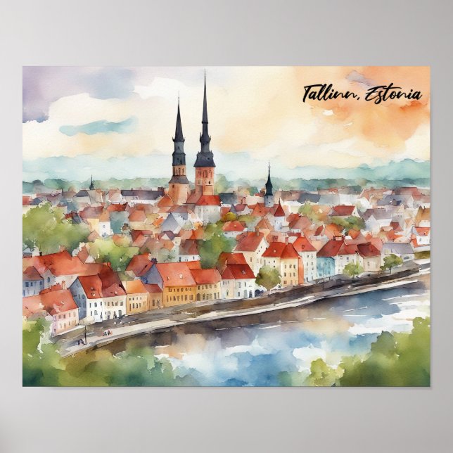 Tallinn Estland Akvarellmålning Panorama  Poster (Framsidan)