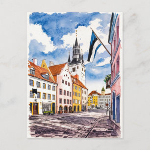 Tallinn Estland Street Watercolor Painting Vykort