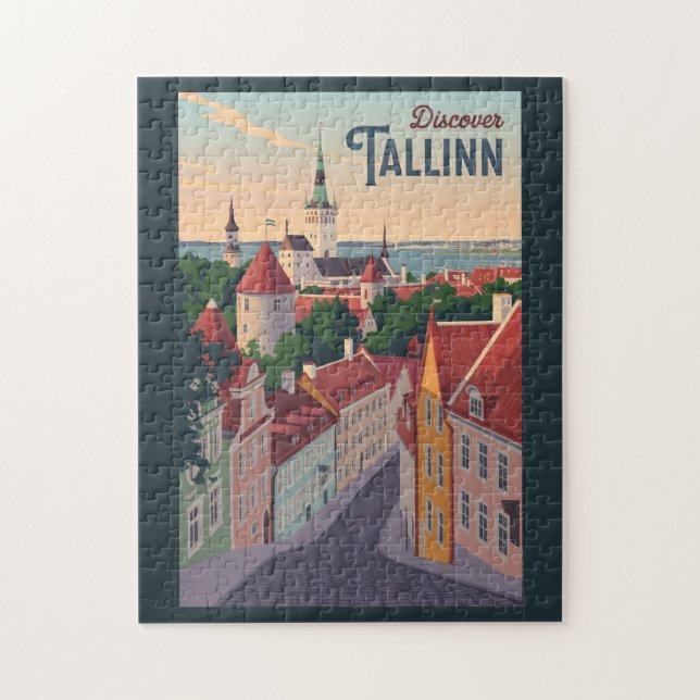 Tallinn Estonia Illustration Travel Art Vintage Pussel (Vertikal)