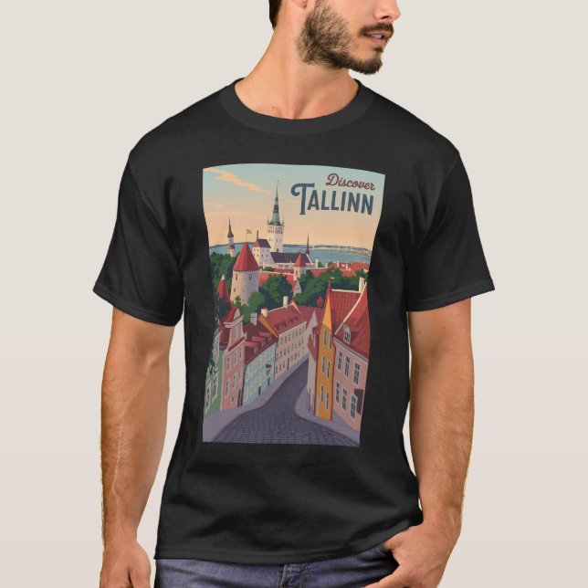 Tallinn Estonia Illustration Travel Art Vintage T Shirt (Framsida)