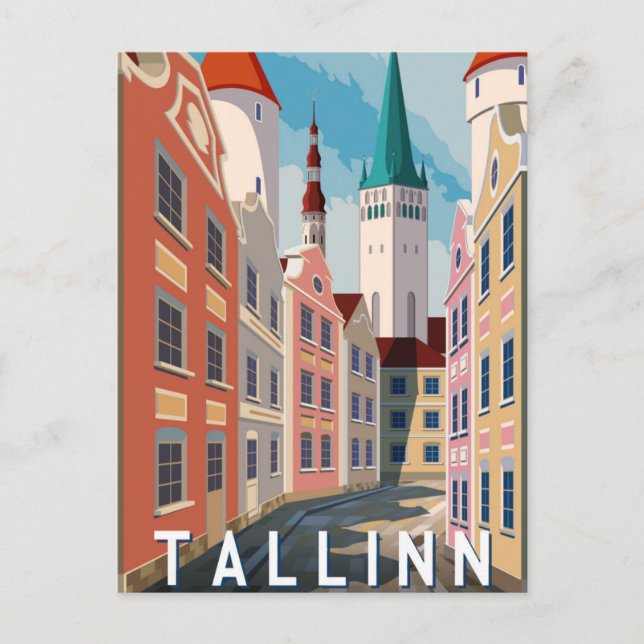 Tallinn Estonia Retro Travel Art Vintage Vykort (Framsida)