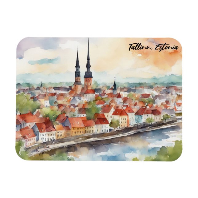 Tallinn Estonia Watercolor Painting Panorama  Magnet (Horisontell)