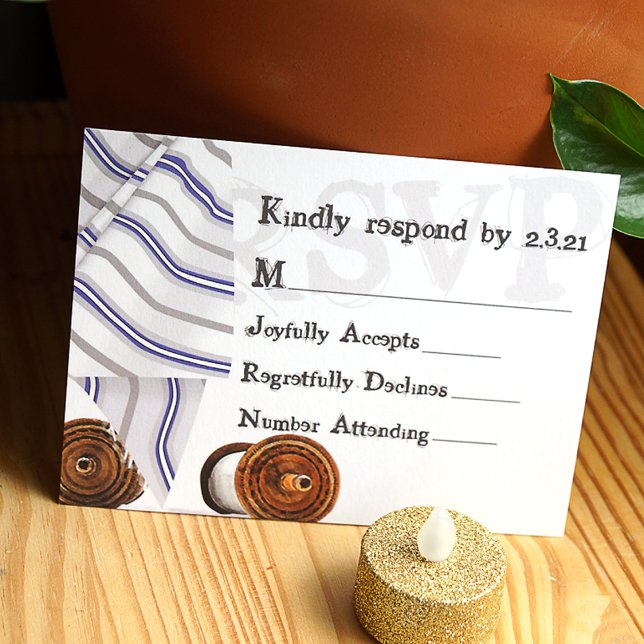 Tallit Pub Mitzvah OSA kort (bar mitzvah rsvp card with blue and white striped tallit and scrolls, paper enclosure card)