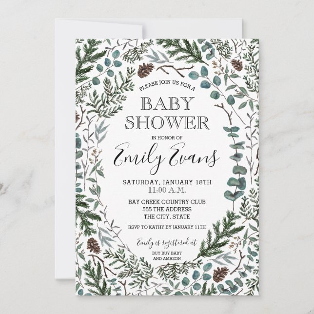 Tallrik och Eukalyptus Baby Shower Inbjudan (Framsida)