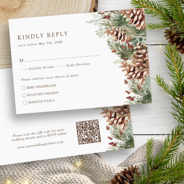Talls vinter RSVP-kort OSA Kort (White Watercolor Evergreen Pine Winter RSVP Card QR Code by Painted Paperie
)