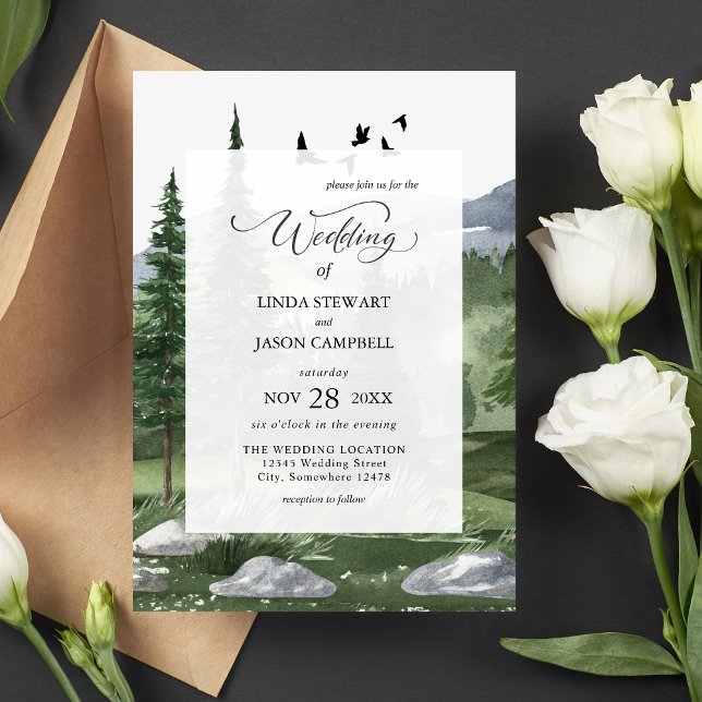 Talltalsrustik Bröllop med akvarelltema Inbjudningar (Rustic pine forest watercolor invitation sets a calm, nature-inspired tone for your wedding.)