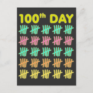 Tally Mark 100 Day of School T-shirt Neon Gift Vykort