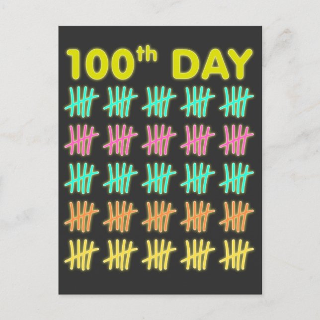 Tally Mark 100 Day of School T-shirt Neon Gift Vykort (Framsida)