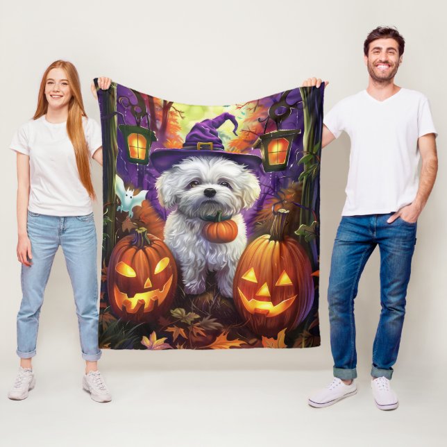 Taloky Bichon frise Halloween Witch och Pumpkin Fleecefilt (På plats)