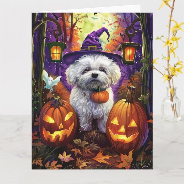 Taloky Bichon frise Halloween Witch och Pumpkin Kort (Gul blomma)