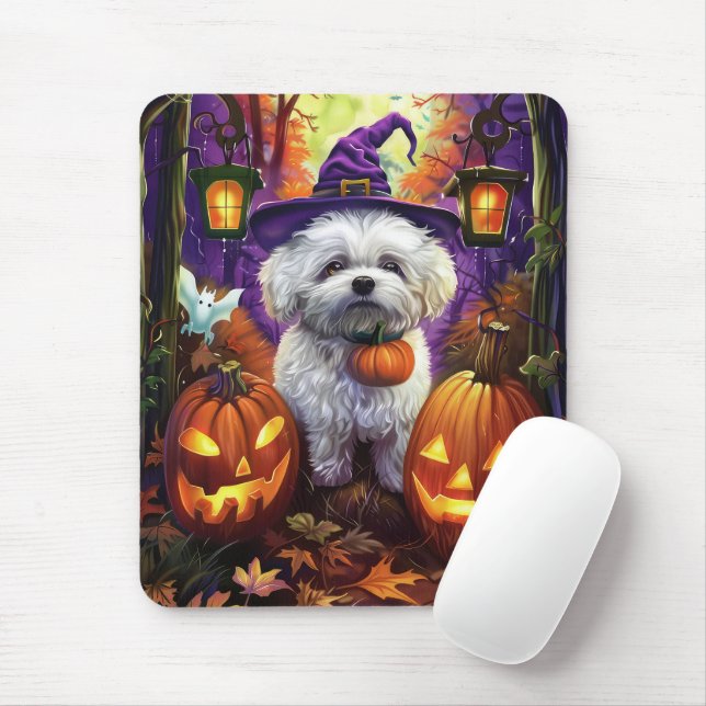 Taloky Bichon frise Halloween Witch och Pumpkin Musmatta (Med mus)