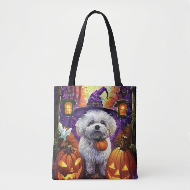 Taloky Bichon frise Halloween Witch och Pumpkin Tygkasse (Framsida)
