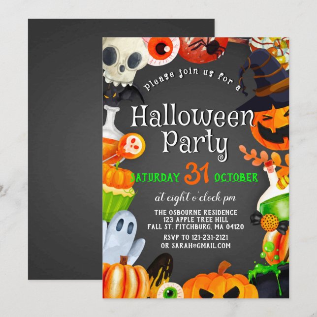 Taloky Chic Wicked Witch Halloween Pumpkin Party Inbjudningar (Fram/baksida)