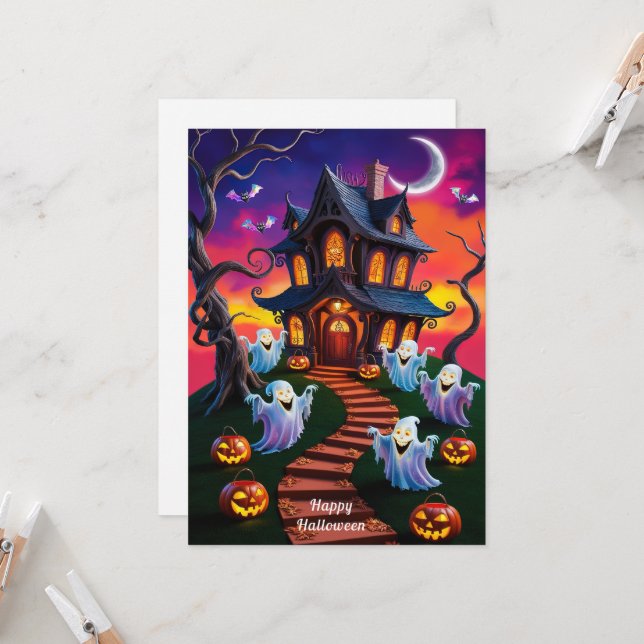 Taloky Halloween Haunted House Illustration Kort (Fram/Back In Situ)