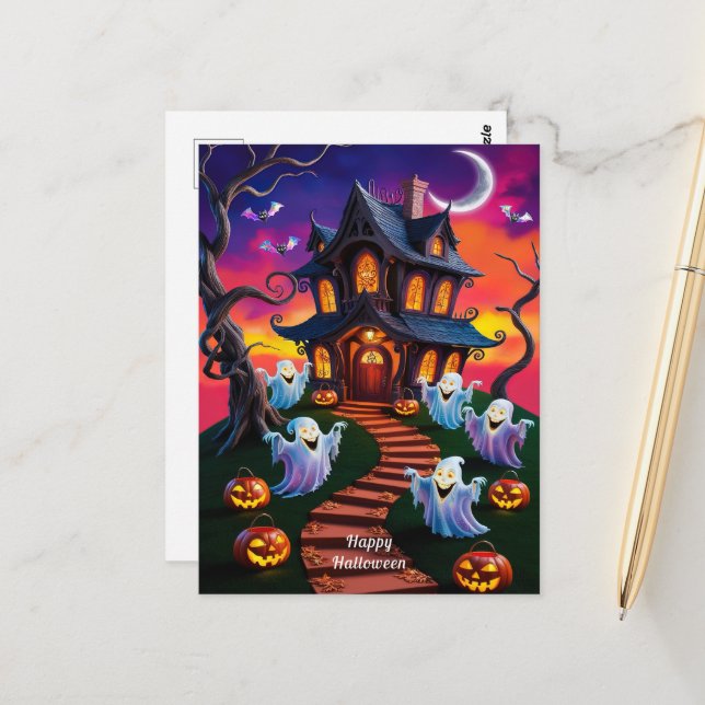 Taloky Halloween Haunted House Illustration Vykort (Fram/Back In Situ)