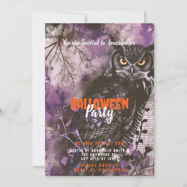 Taloky och vackert Owl Purple Halloween-parti Inbjudningar (Framsida)