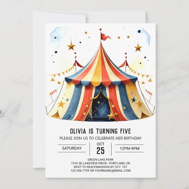 Tält Anpassningsbar Watercolor Circus Birthday Inbjudningar (Framsida)