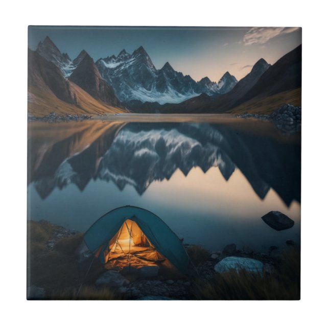 Tält, berg och sjö Campingtematisk konst Kakelplatta (Framsidan)