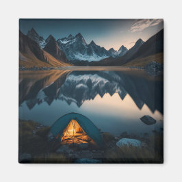 Tält, berg och sjö Campingtematisk konst Magnet