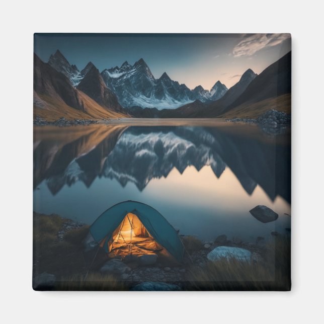 Tält, berg och sjö Campingtematisk konst Magnet (Framsidan)