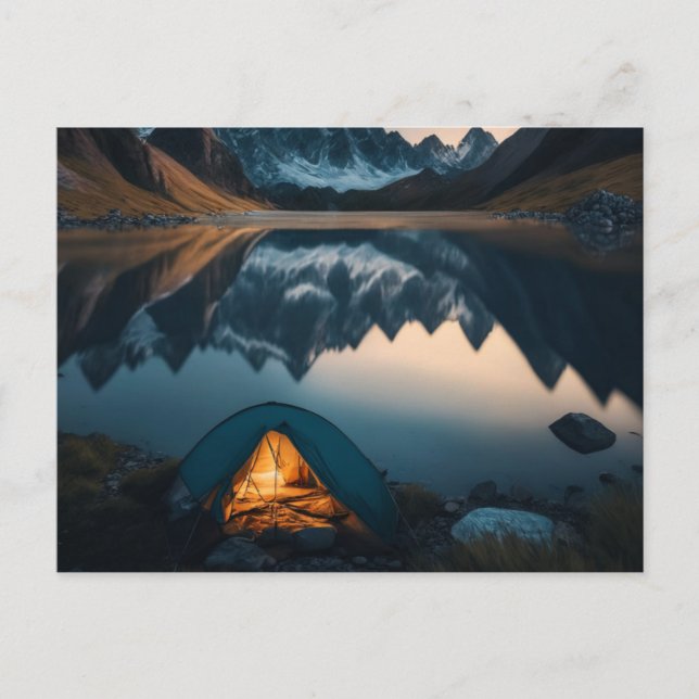 Tält, berg och sjö Campingtematisk konst Vykort (Framsida)