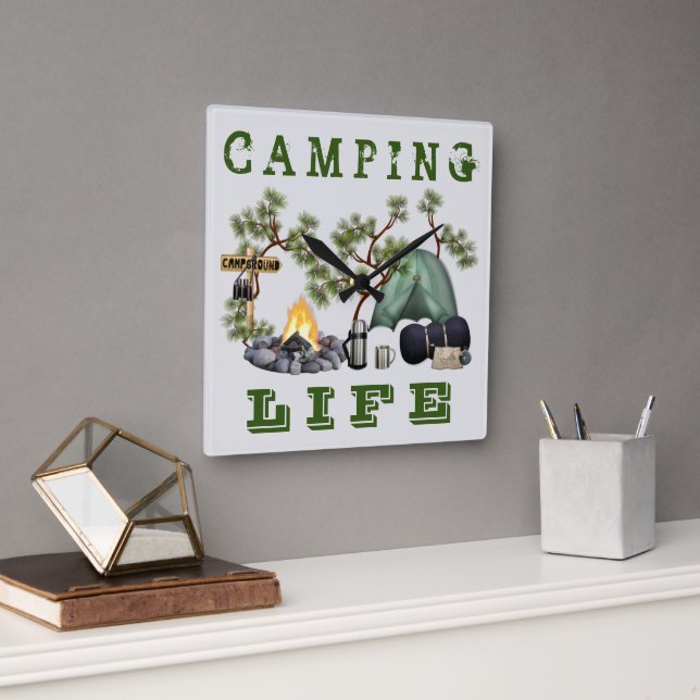 Tält Camping Life Wall Clock Fyrkantig Klocka (Kontor)
