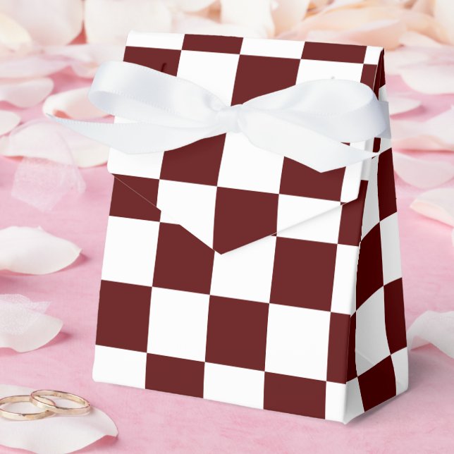 Tält i vinröd färg med mönster i vit fyrkant presentaskar (Bröllop)