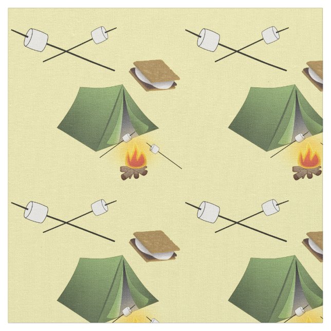 Tält, lägereld och Smores-mönster Tyg (Närbild)