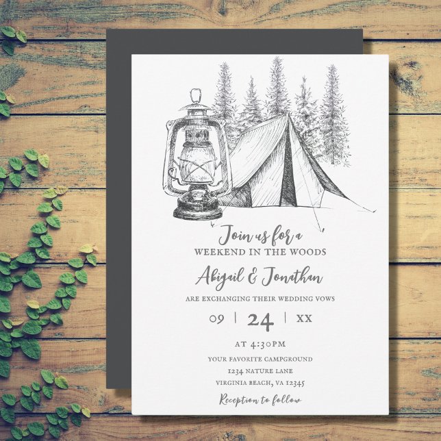 Tält, Lantern och Woodland Sketch Camping Bröllop Inbjudningar (Tent, Lantern and Woodland Sketch Camping Wedding Invitation)