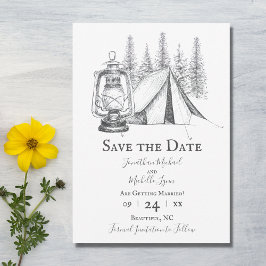 Tält, Lantern och Woodland Sketch Camping Bröllop Spara Datumet