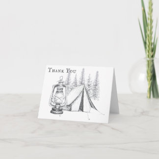Tält, Lantern och Woodland Sketch Camping Bröllop Tack Kort