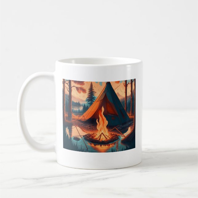 Tält och lägereld Vintagefärgskonst Kaffemugg (Vänster)