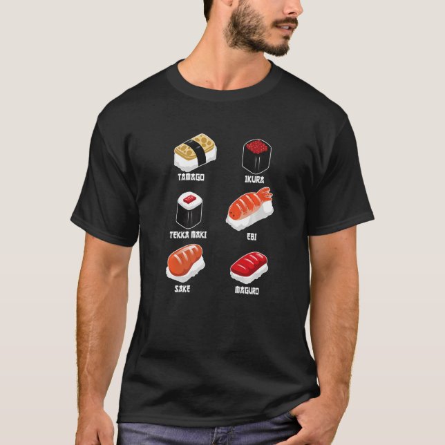 Tamago, Ikura, Ebi, Tekka Maki, Maguro, Sake Premi T Shirt (Framsida)