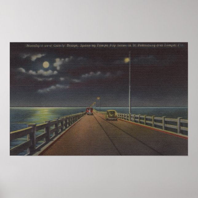 Tampa, Florida - Moonlit View of Gandy Bridge Poster (Framsidan)