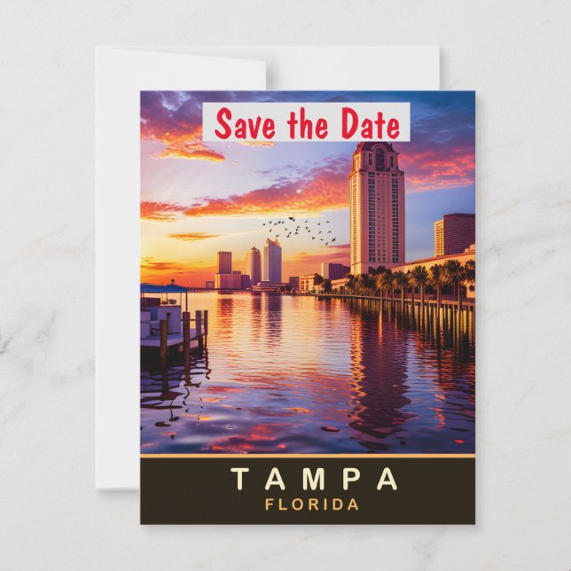 Tampa Florida Silhuett Solnedgång Bröllopsinbjudan Spara Datumet (Framsida)