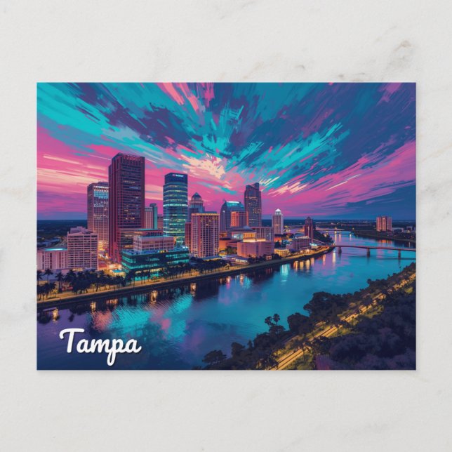 Tampa Florida Skyline Night Art Vykort (Framsida)